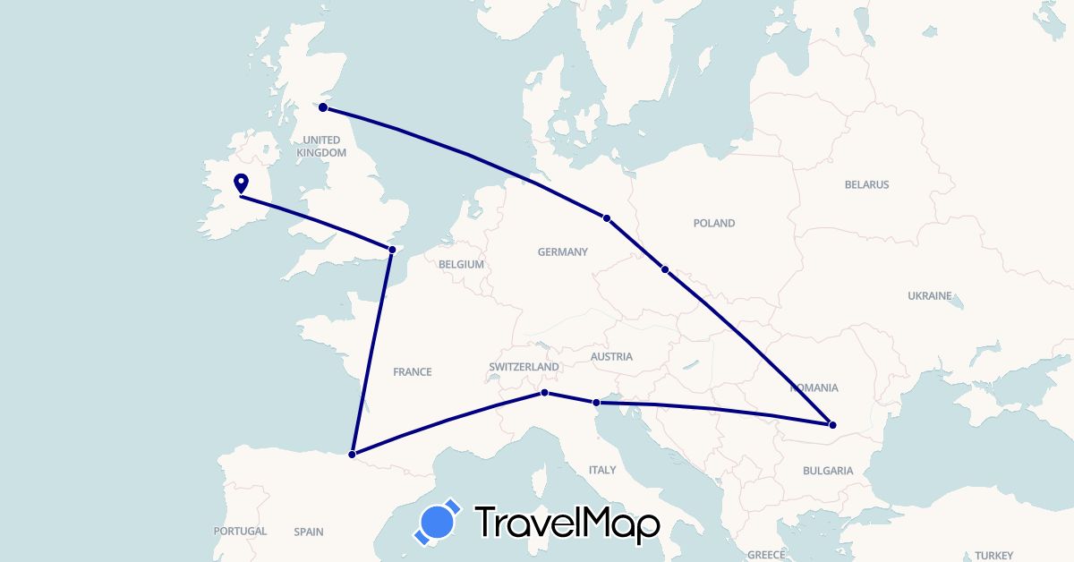 TravelMap itinerary: driving in Germany, Spain, United Kingdom, Ireland, Italy, Poland, Romania (Europe)